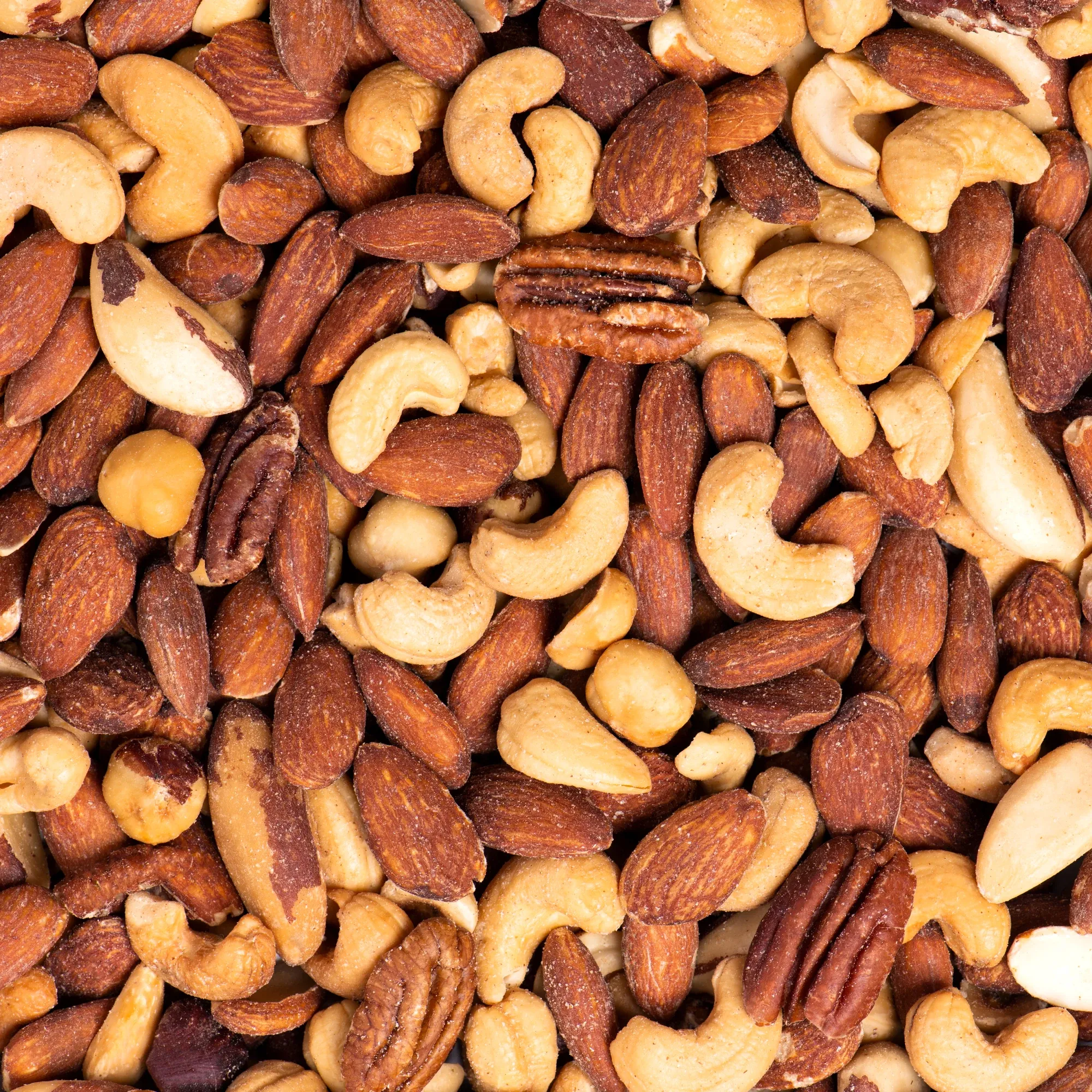 Roasted mixed nuts: almonds, cashews, pecans and Brazil nuts, close up