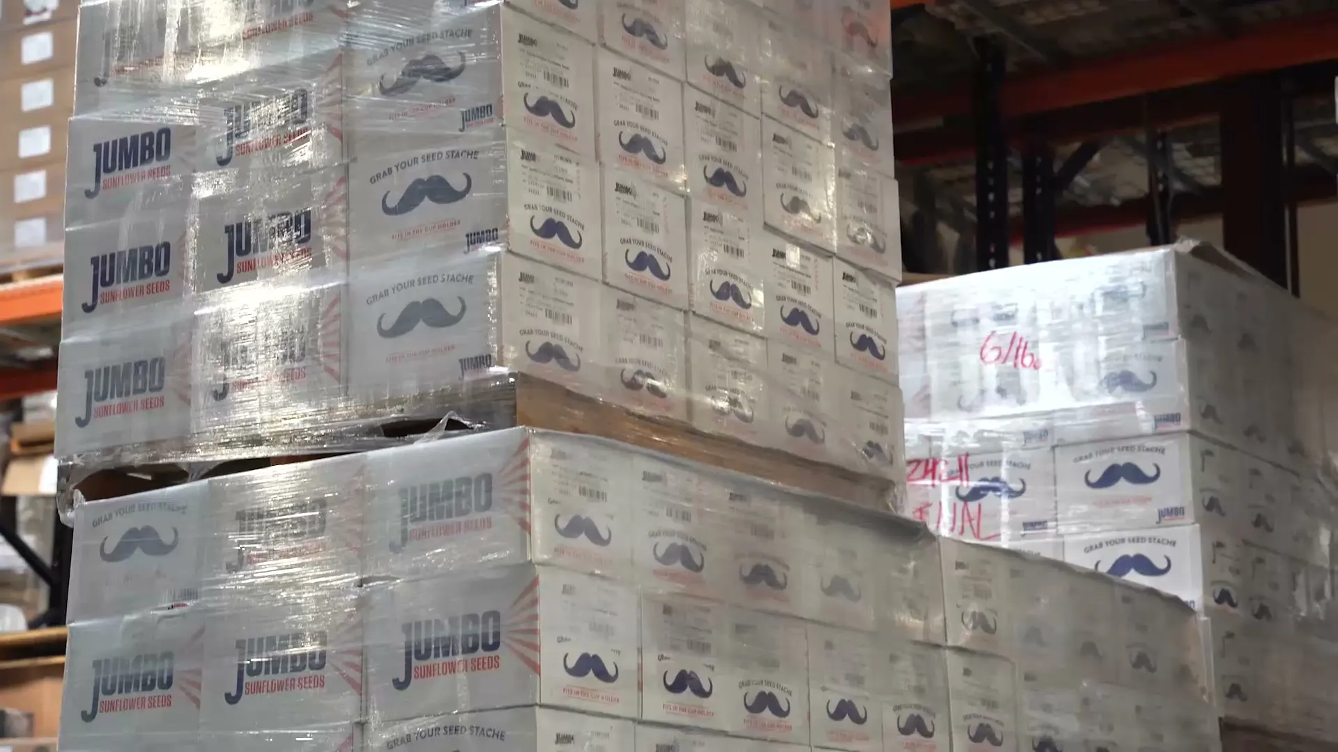 Shrink-wrapped pallets of Jumbo Sunflower Seeds cases