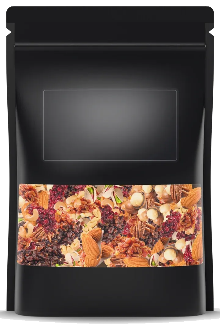 A blank stand-up pouch, filling with your mix