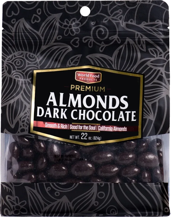 World Food Products Premium Almonds Dark Chocolate, stand-up pouch