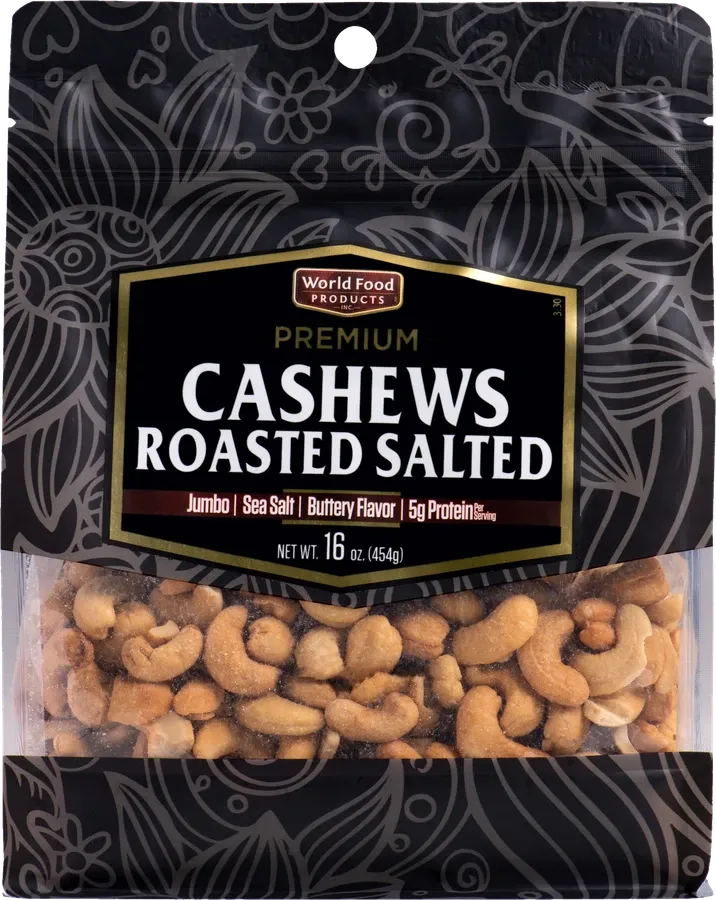 World Food Products Premium Cashews Roasted Salted, stand-up pouch