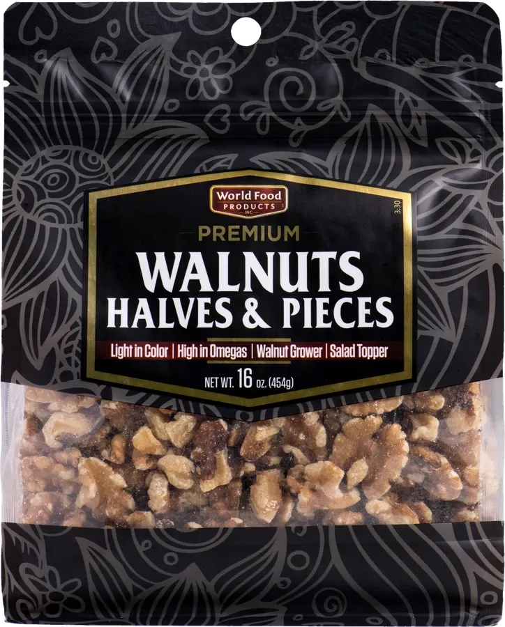 World Food Products Premium Walnuts Halves and Pieces, stand-up pouch