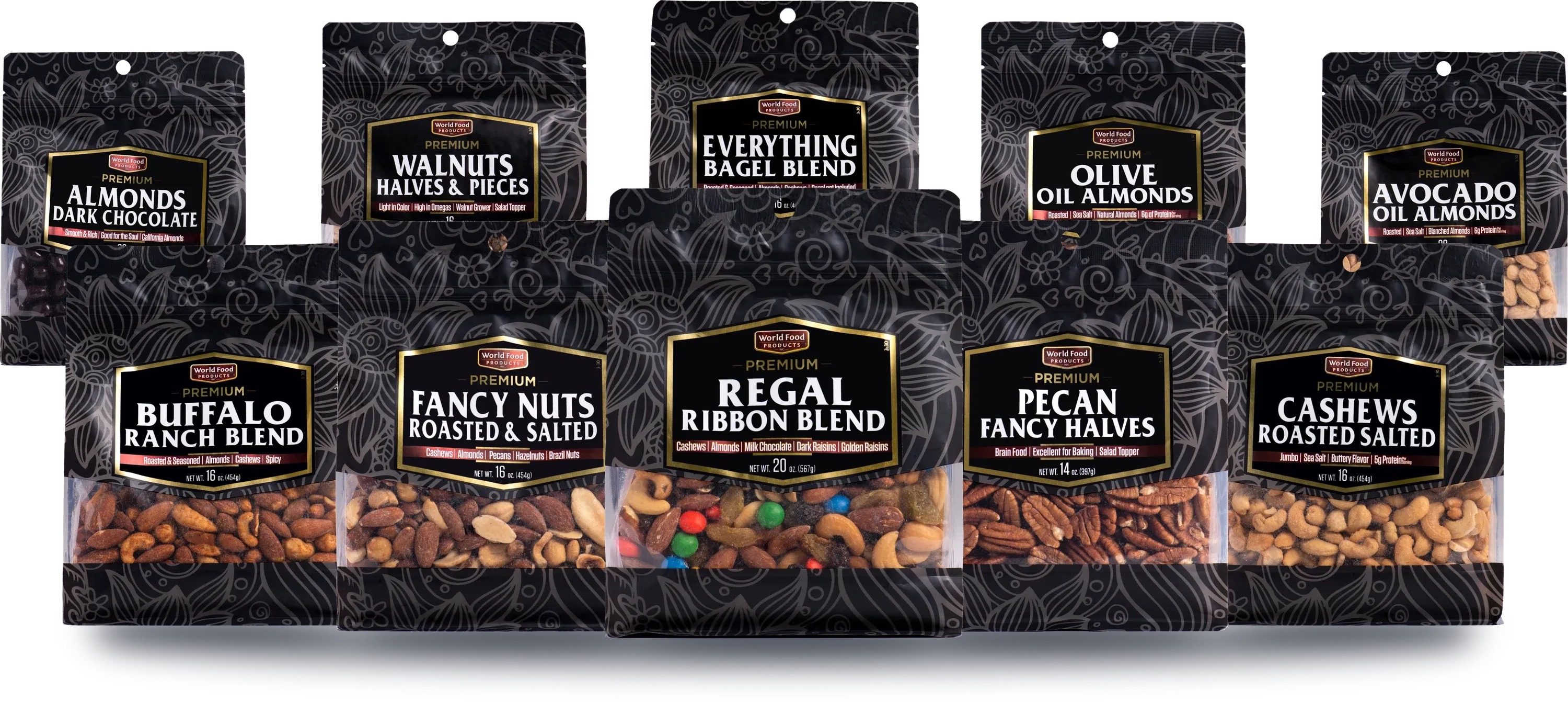 Ten World Food Products Premium stand-up pouches on an endcap: Almonds Dark Chocolate, Walnuts Halves and Pieces, Everything Bagel Blend, Olive Oil Almonds and Avocado Oil Almonds behind Buffalo Ranch Blend, Fancy Nuts, Regal Ribbon Blend, Pecan Fancy Halves and Cashews Roasted Salted